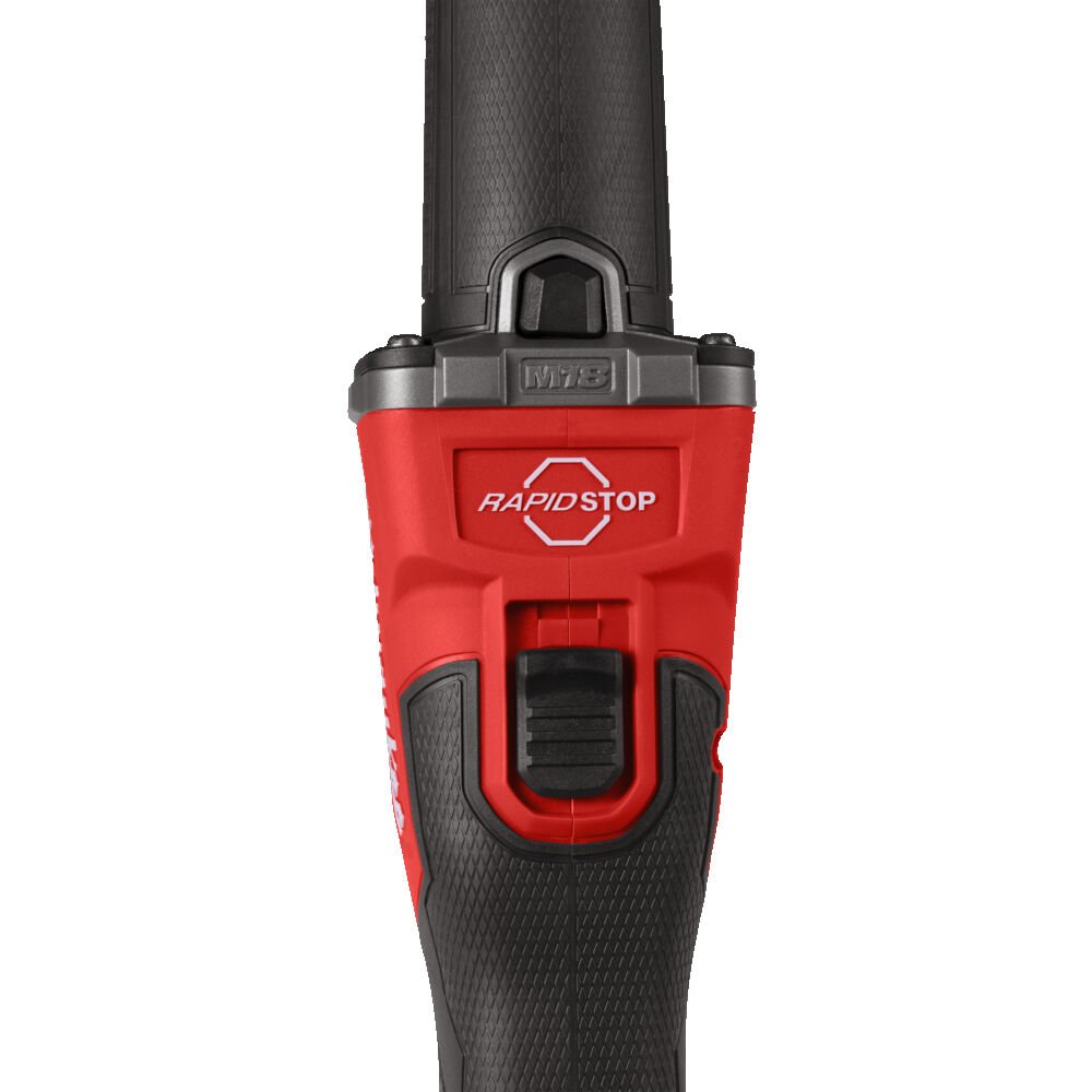Close-up of the Milwaukee M18 FUEL™ Braking Die Grinder, showing the RAPIDSTOP™ branding and ergonomic design details. Close-up of the Milwaukee M18 FUEL™ Braking Die Grinder, showing the RAPIDSTOP™ branding and ergonomic design details.